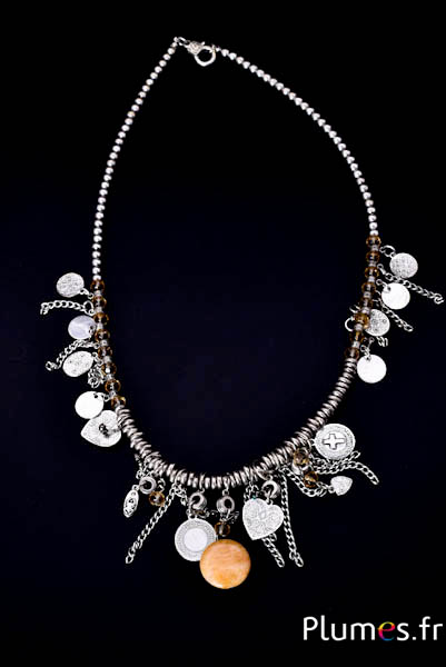Collier multi-rangs avec breloques style bohème - env. 70 cm - argenté